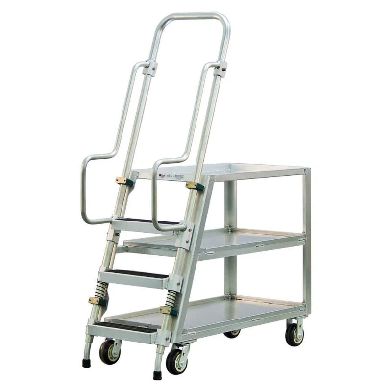Three-tier aluminum ladder cart with flat shelves and continuous grip handle