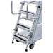  Aluminum ladder cart featuring three shelves, a continuous grip handle, and wheels, with an 800 lb weight capacity.