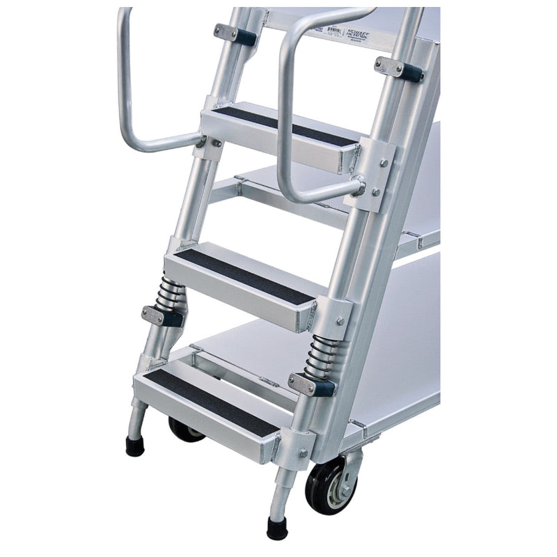  Aluminum ladder cart featuring three shelves, a continuous grip handle, and wheels, with an 800 lb weight capacity.