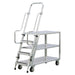 Three-tier aluminum ladder cart with flat shelves, continuous grip handle, and wheels, supporting up to 800 lbs.