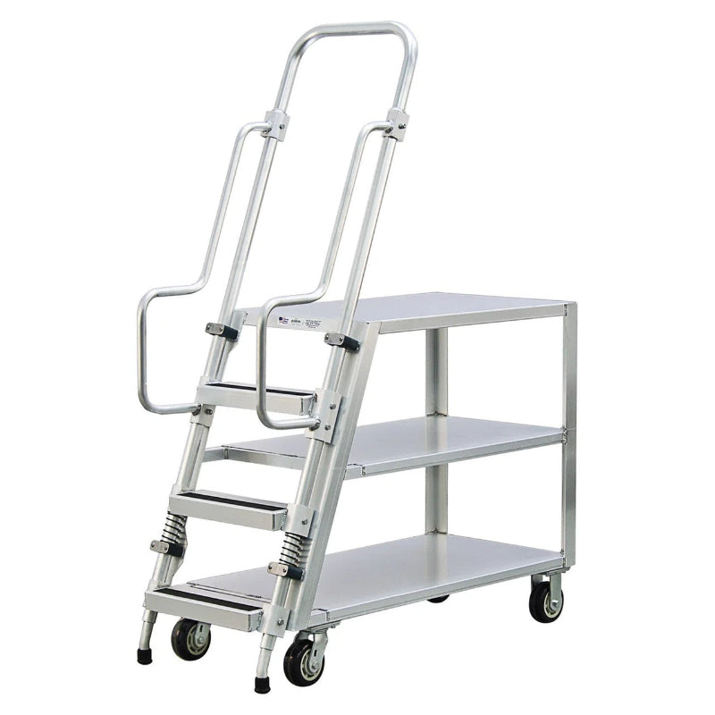 Three-tier aluminum ladder cart with flat shelves, continuous grip handle, and wheels, supporting up to 800 lbs.