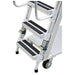 Aluminum ladder cart with three steps, flat shelves, and a continuous grip handle, ideal for various lifting and carrying tasks.