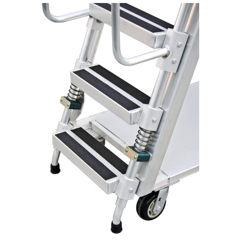 Aluminum ladder cart with three steps, flat shelves, and a continuous grip handle, ideal for various lifting and carrying tasks.