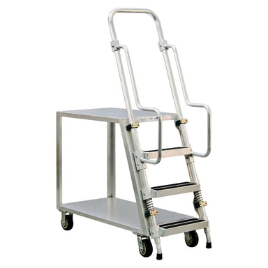 Stainless steel ladder cart with three steps and flat shelves, featuring a continuous grip handle for easy maneuverability.