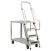 Stainless steel ladder cart with three steps and flat shelves, featuring a continuous grip handle for easy maneuverability.