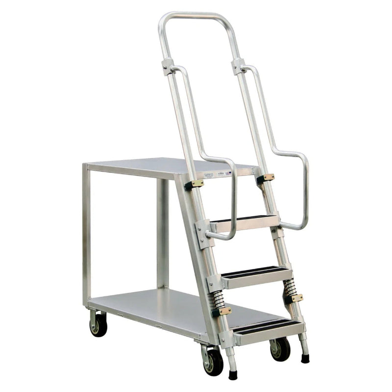 Stainless steel ladder cart with three steps and flat shelves, featuring a continuous grip handle for easy maneuverability.
