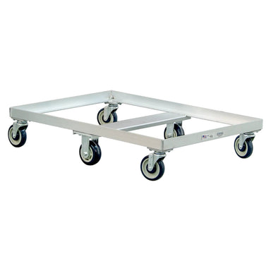 White plastic tub cart on wheels, featuring a sturdy aluminum frame, designed for heavy-duty use with a 14 bushel capacity.