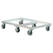 White plastic tub cart on wheels, featuring a sturdy aluminum frame, designed for heavy-duty use with a 14 bushel capacity.