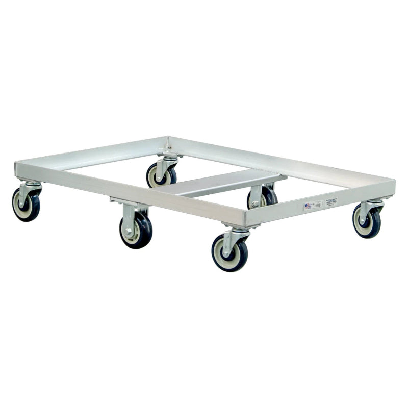 White plastic tub cart on wheels, featuring a sturdy aluminum frame, designed for heavy-duty use with a 14 bushel capacity.