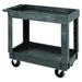 A wheeled black plastic utility cart, ideal for moving supplies and equipment efficiently.
