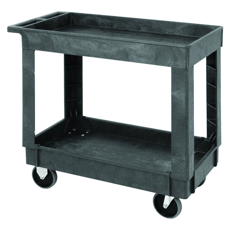 A wheeled black plastic utility cart, ideal for moving supplies and equipment efficiently.
