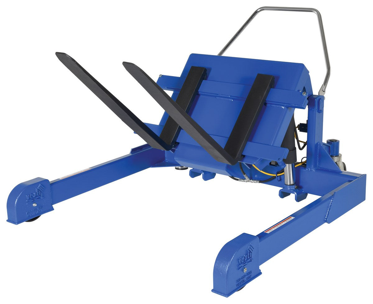 Vestil TMS-40-DC DC-powered tote lifter with forks tilted upward.