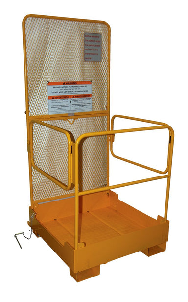Vestil WP-3737-FD-84B foldable forklift work platform in its upright position.