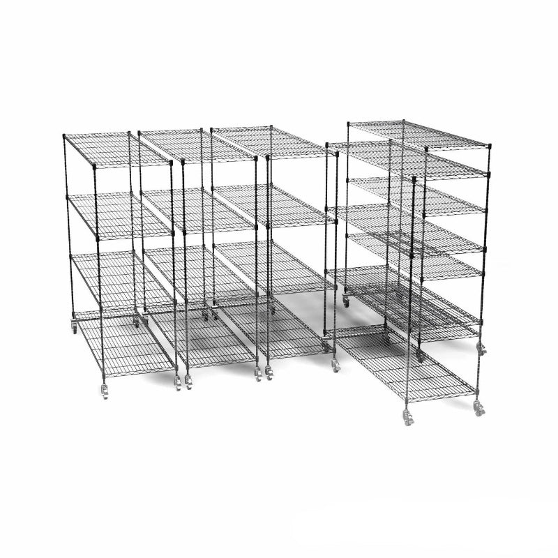 Pull-out wire shelving system with multiple mobile storage units, gray epoxy finish