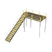 Yellow and black metal stairway with railing, leading to a warehouse mezzanine, IBC approved for safety and accessibility.