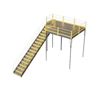 Yellow and grey metal stairway with railing leading to a warehouse mezzanine, featuring solid steel grating.