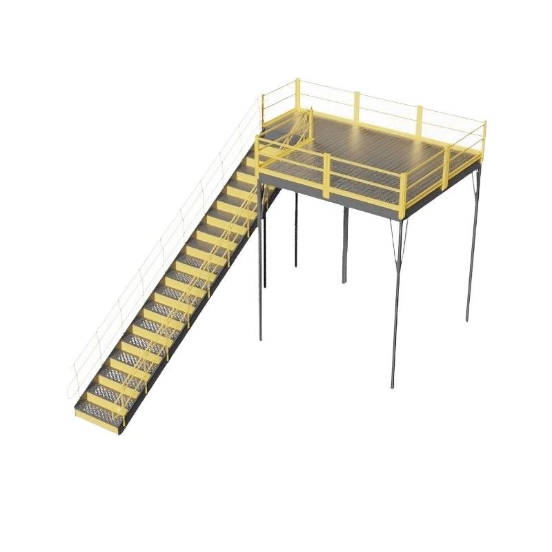 Yellow and grey metal stairway with railing leading to a warehouse mezzanine, featuring solid steel grating.