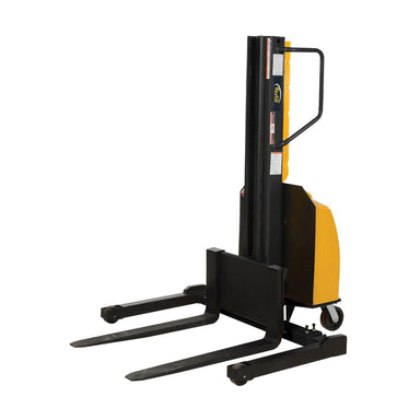  Electric pallet stacker with adjustable forks, featuring a yellow and black handle