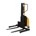  Electric pallet stacker with adjustable forks, featuring a yellow and black handle