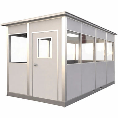 Prefabricated metal security booth with windows and doors, designed for plant entrances and site control.