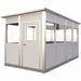 Prefabricated metal security booth with windows and doors, designed for plant entrances and site control.
