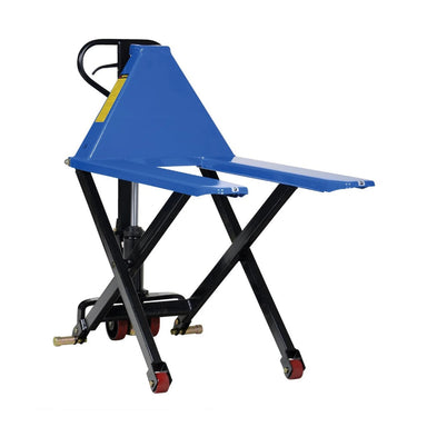 A blue skid lift truck with wheels, dimensions 26.75" W x 43" D x 31.5" H, featuring a hand pump mechanism.