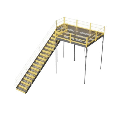 Yellow and grey perforated steel stairway with a ladder, designed for a warehouse mezzanine, IBC approved.