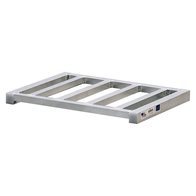 Mini pallet hand truck accessory featuring a stainless steel shelf with four compartments for effective load management.