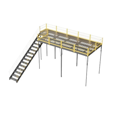 3D rendering of a perforated steel warehouse mezzanine with an OSHA-approved stairway, dimensions 120" W x 240" D x 144" H.