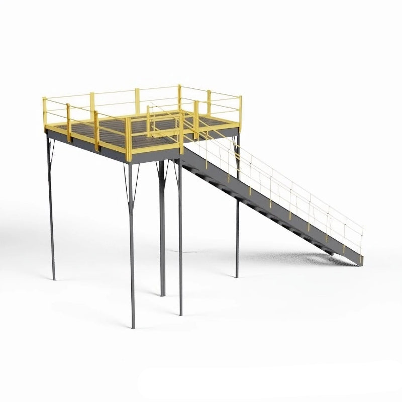 Steel warehouse mezzanine with bar grating, featuring an OSHA-approved stairway and ladder for access.