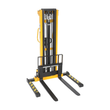A forklift truck featuring a yellow handle and black fork, designed for heavy lifting and material handling tasks.