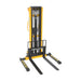 A forklift truck featuring a yellow handle and black fork, designed for heavy lifting and material handling tasks.