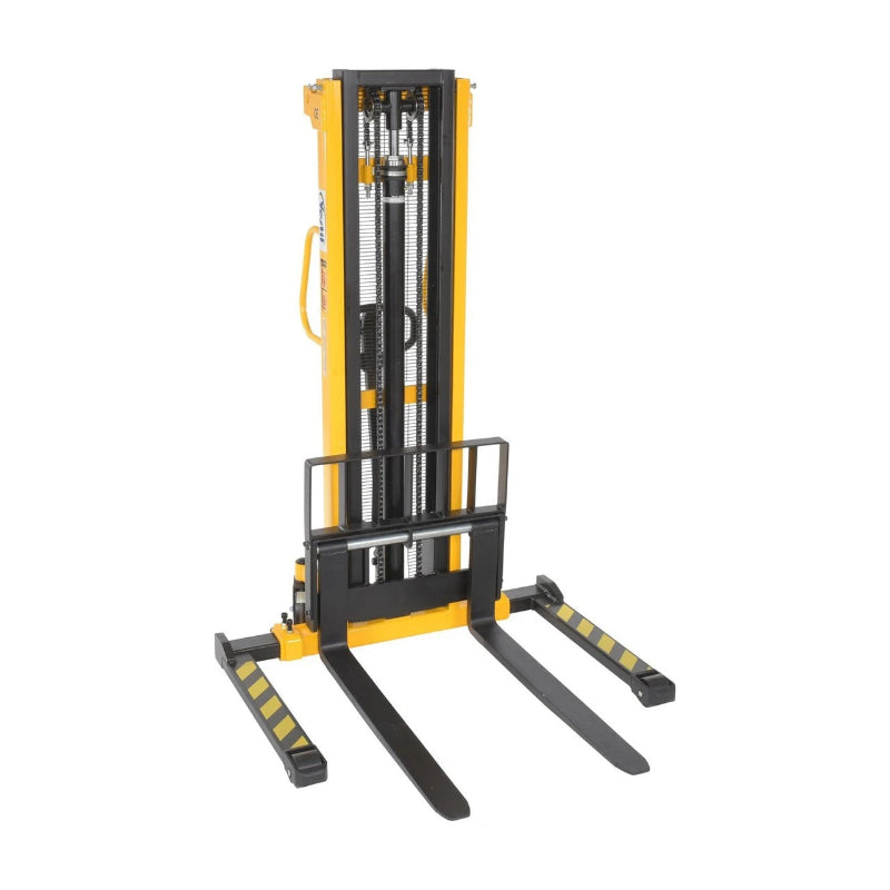 A forklift truck featuring a yellow handle and black fork, designed for heavy lifting and material handling tasks.
