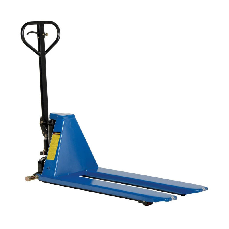 A blue hand truck with a handle, featuring a steel skid lift