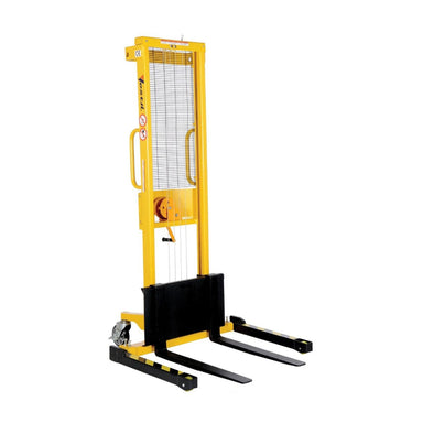  A forklift with a yellow handle and a black bucket, showcasing its lifting capabilities and adjustable support legs.
