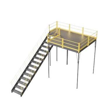 Yellow and grey metal stairway with a ladder leading to a warehouse mezzanine, featuring solid steel grating and OSHA approval.