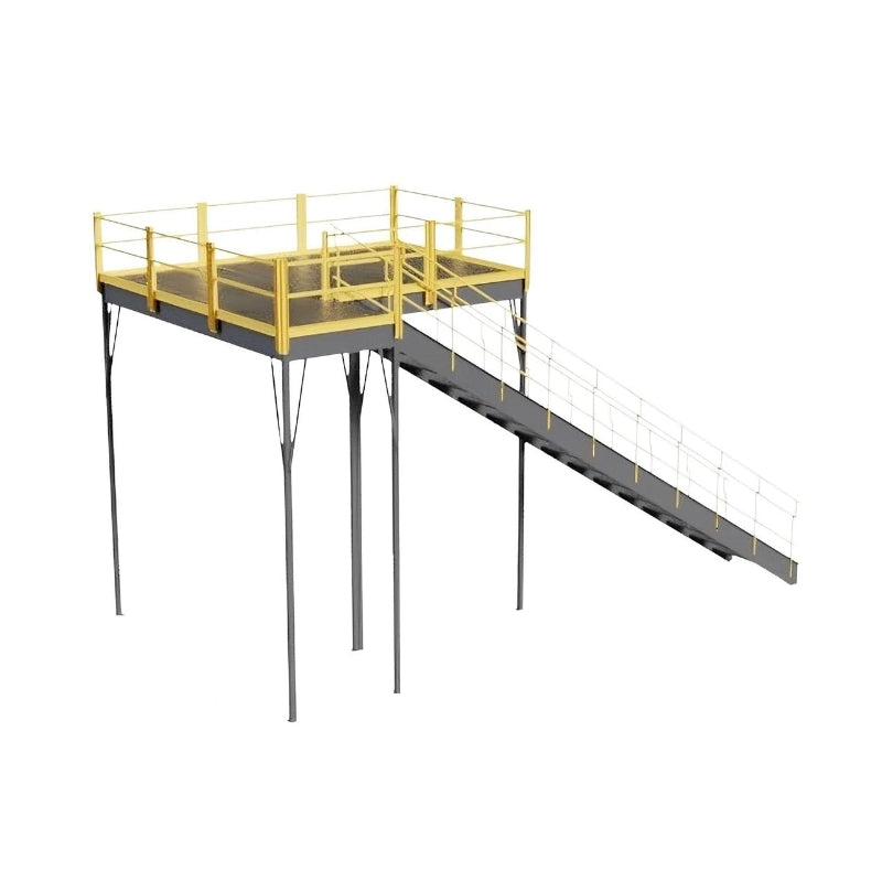 Warehouse mezzanine with perforated steel, featuring an OSHA-approved stairway and ladder for access. Dimensions: 144" W x 96" D x 144" H.