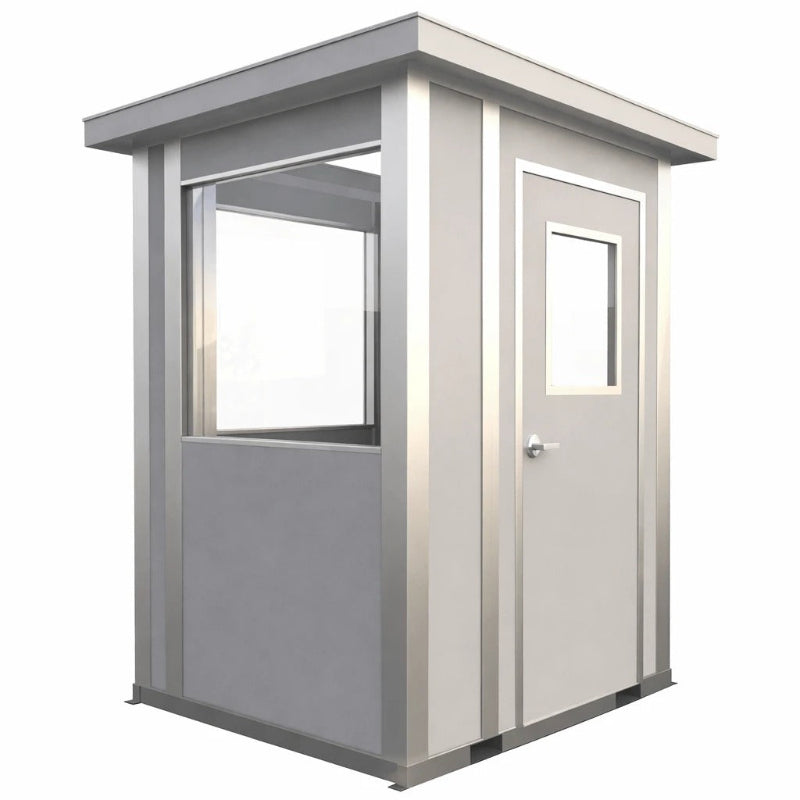 Prefabricated metal security booth with a window, designed for access control and checkpoint monitoring.
