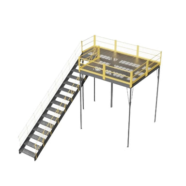 Warehouse mezzanine featuring a perforated steel frame with an OSHA-approved stairway and ladder for access.