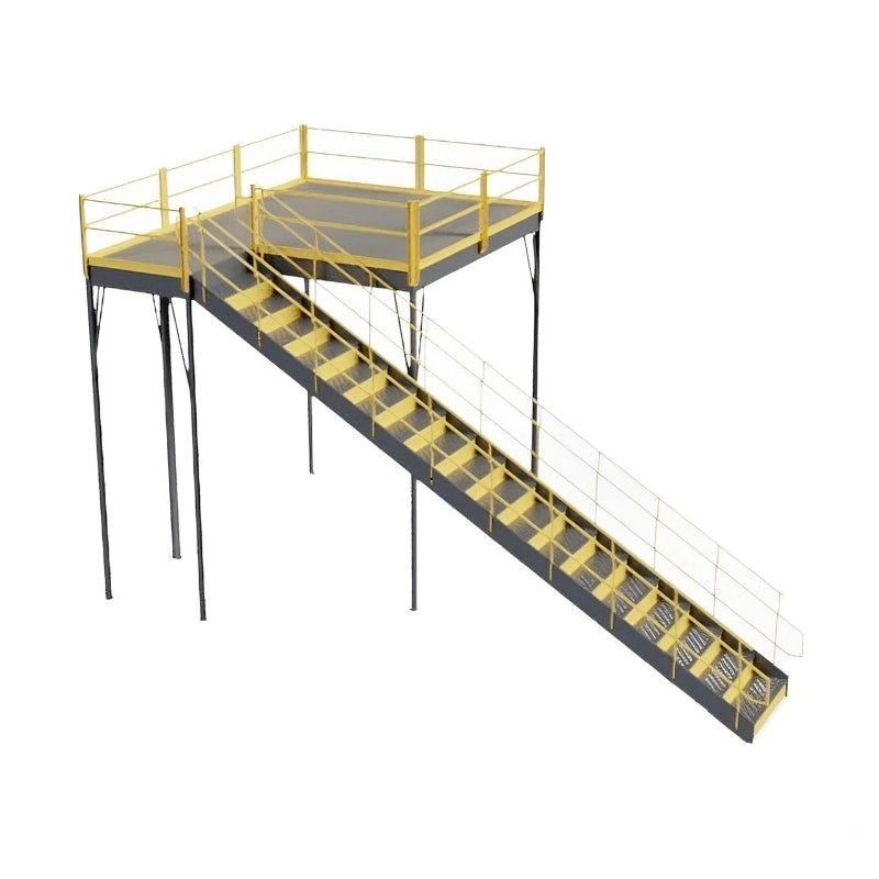 Yellow and greymetal stairway with railing, designed for a warehouse mezzanine, featuring anti-skid Tuffdeck.