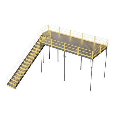  Yellow and grey steel mezzanine with solid grating and an IBC approved stairway, dimensions 120" W x 240" D x 144" H.