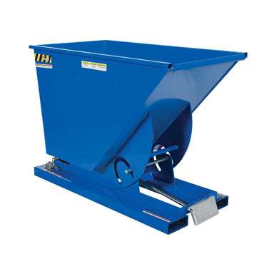 Blue dump truck with a metal base, designed for transporting a forklift trash hopper, dimensions 31.5" W x 61.25" D x 42.75" H.