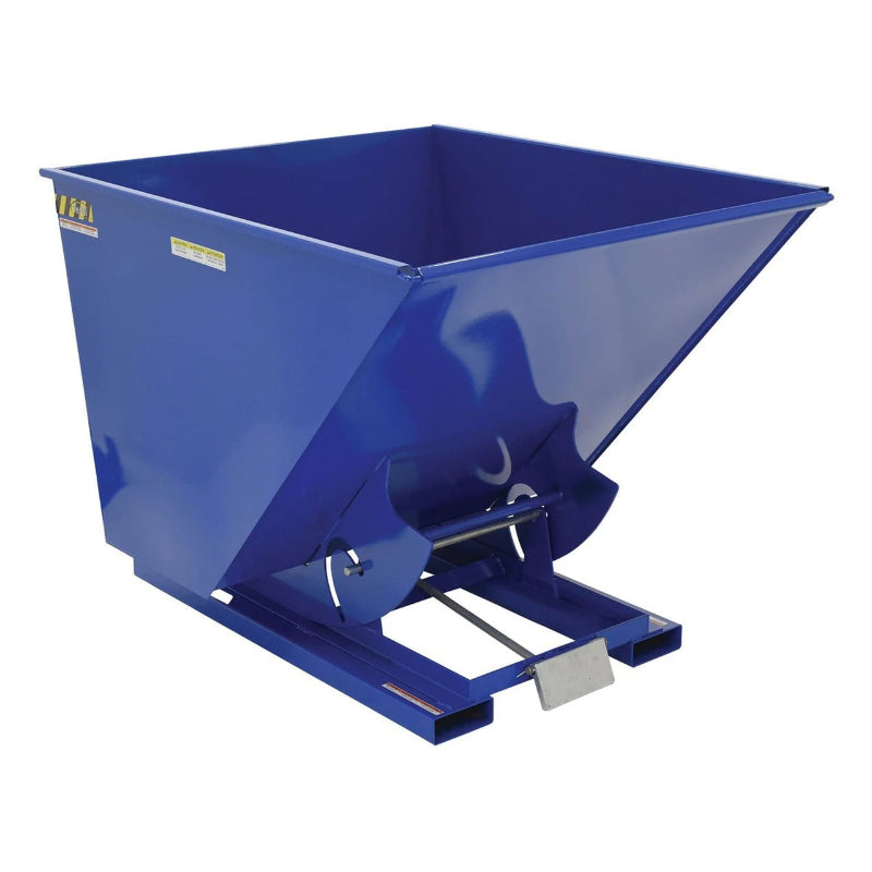 A blue dump truck with a metal base, designed for transporting waste, featuring a 4,000 lb capacity trash hopper.