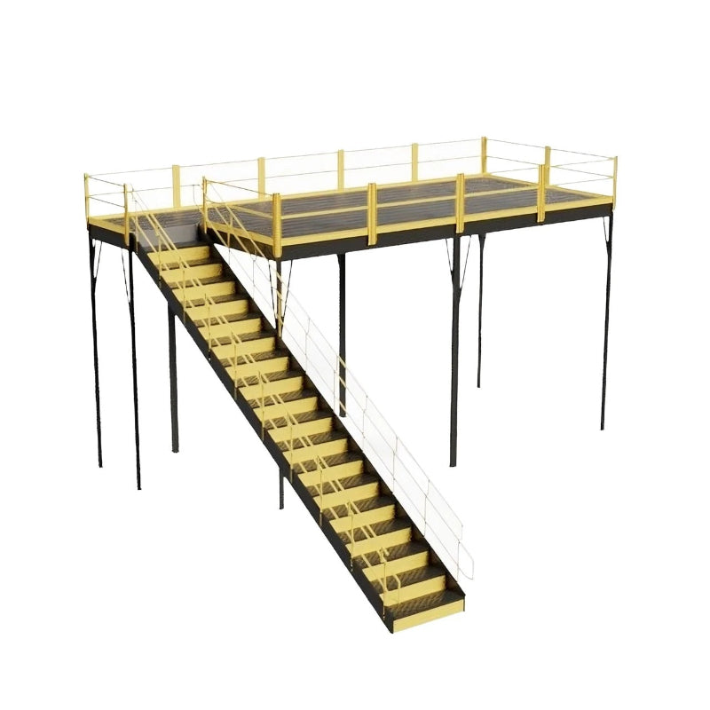Yellow-railed metal stairway ascending to a warehouse mezzanine, designed with bar grating and IBC certification.