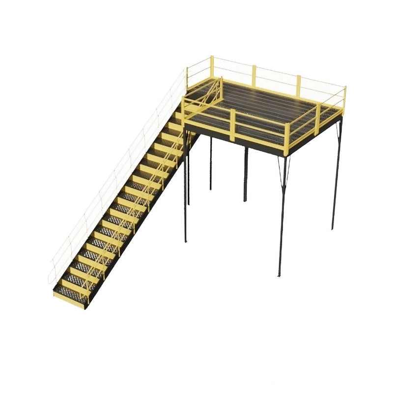 Yellow and black metal stairway with railing, leading to a warehouse mezzanine, IBC approved, 120" W x 120" D x 144" H.