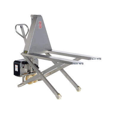 Stainless steel skid lift with a 3,000 lbs capacity, 12 Volt DC, and a lift height of 31.5 inches on a white background.