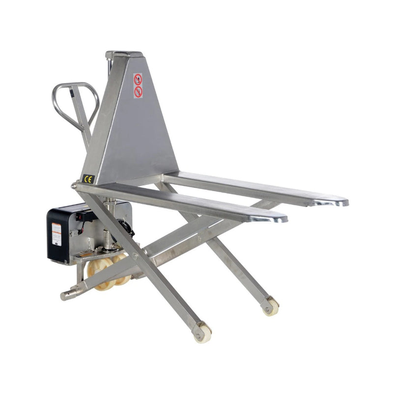 Stainless steel skid lift with a 3,000 lbs capacity, 12 Volt DC, and a lift height of 31.5 inches on a white background.