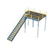  Warehouse mezzanine access stairway, yellow and black metal with railing, IBC approved, dimensions 120" W x 120" D x 144" H.