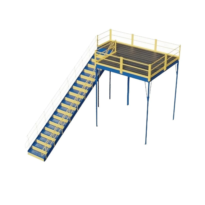  Warehouse mezzanine access stairway, yellow and black metal with railing, IBC approved, dimensions 120" W x 120" D x 144" H.