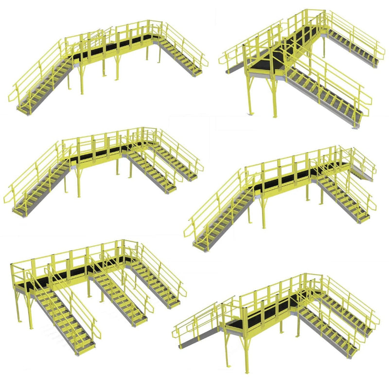Representative crossover platform configurations with yellow railings.